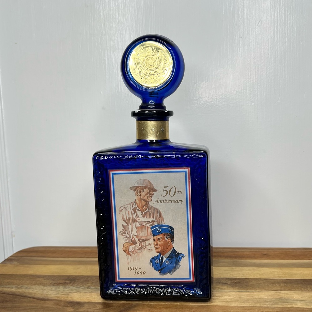 Vintage 50th Anniversary American Legion Gold & Cobalt Blue Decanter J.W. Dant